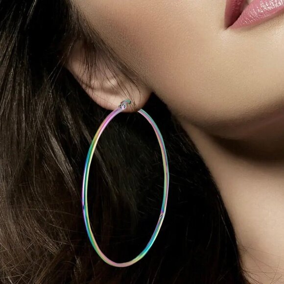 NWT Large Hoop Earrings Titanium Rainbow Steel Multicolor - Picture 2 of 11